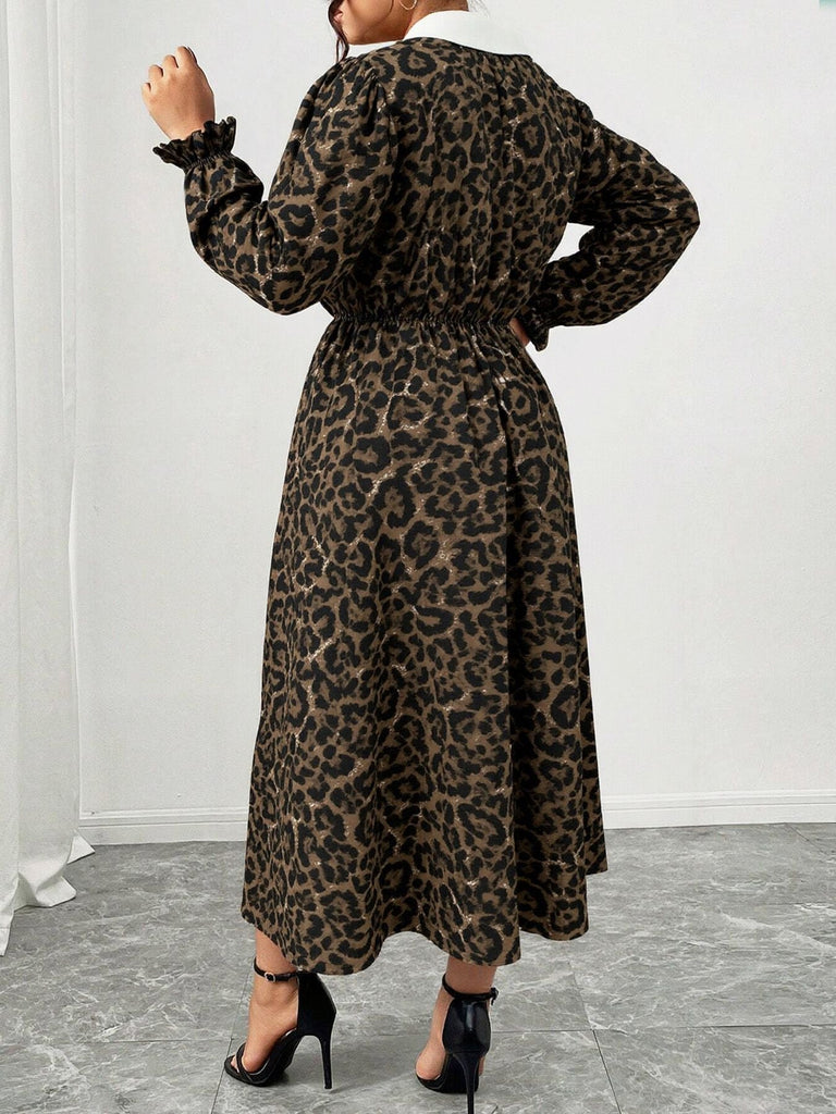 [Grande taille] Robe léopard à manches longues à revers années 1970