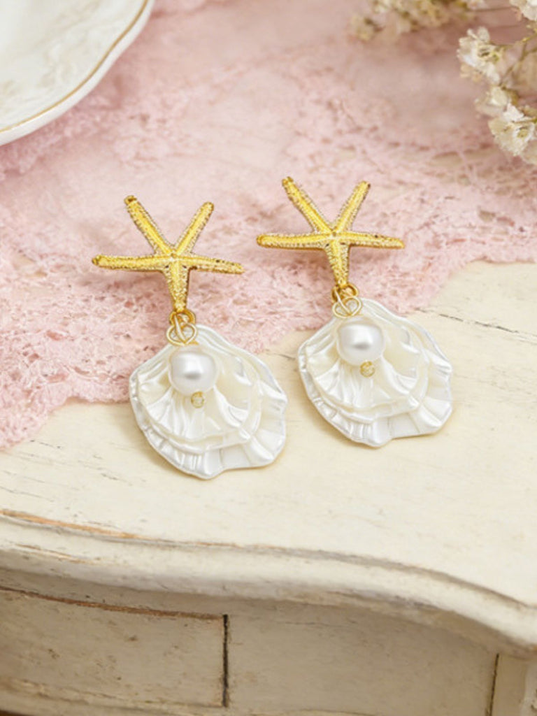 Boucles d'oreilles pendantes en coquillage d'étoile de mer doré perle
