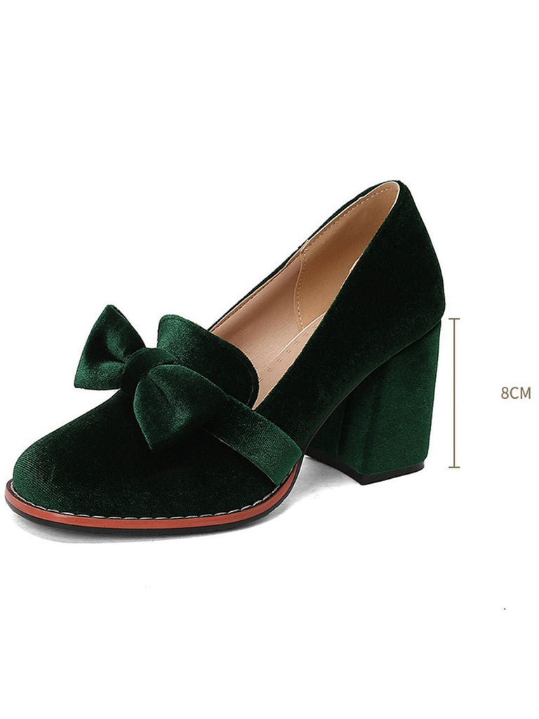 Chaussures à talons carrés en velours uni avec nœud papillon