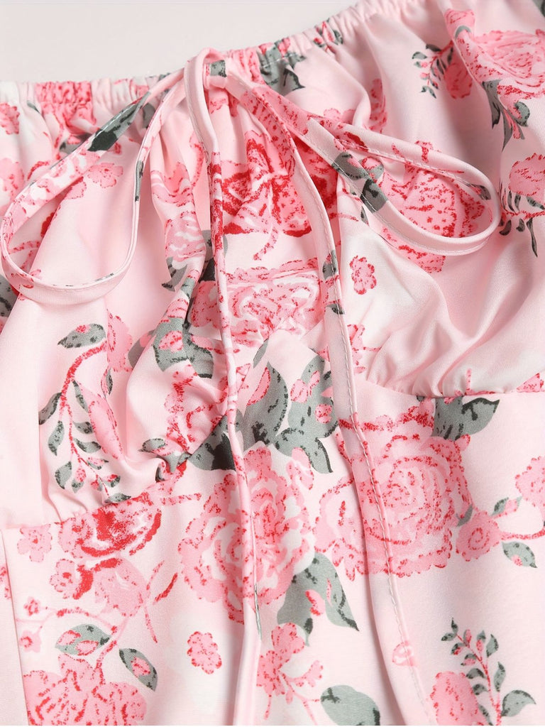 [Grande taille] Robe fleurie rose à col carré des années 1950