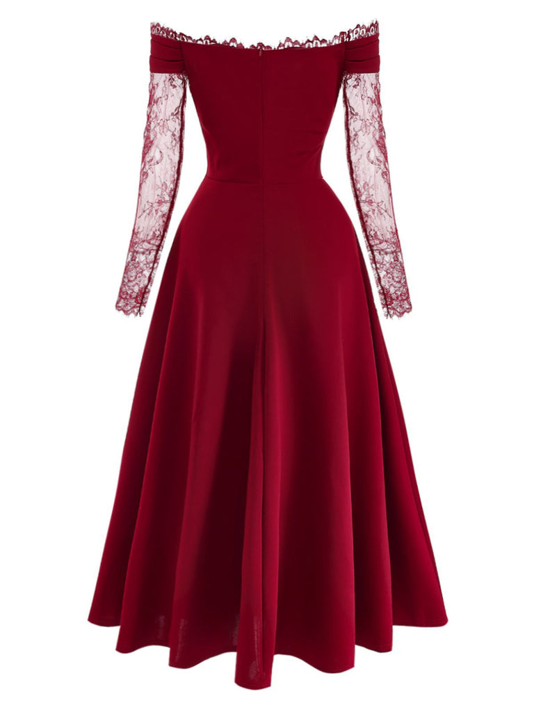 Robe bordeaux épaules dénudées manches longues en dentelle années 1930
