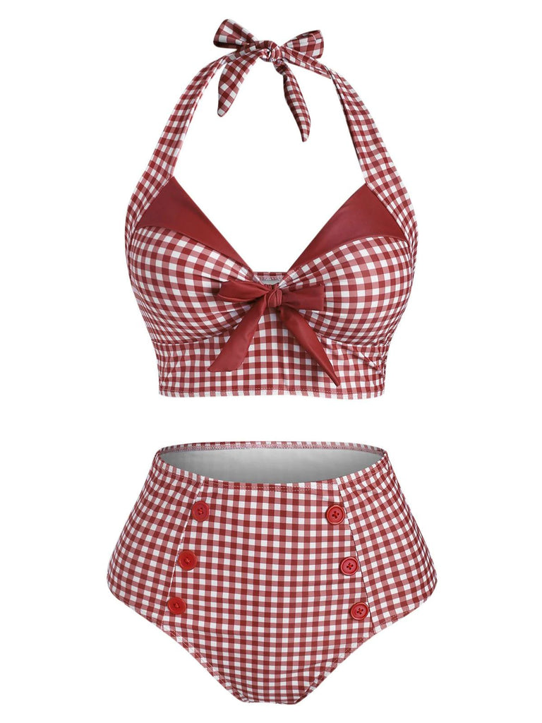 Maillot de Bain à Col Licou Verte à Carreaux des années 1950