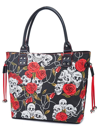 Sac à main vintage punk imprimé tête de mort et rose