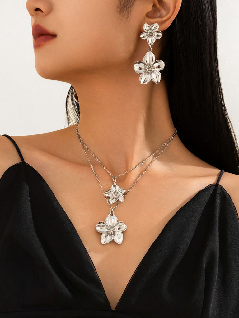 Ensemble collier et boucles d'oreilles à double clavicule florale