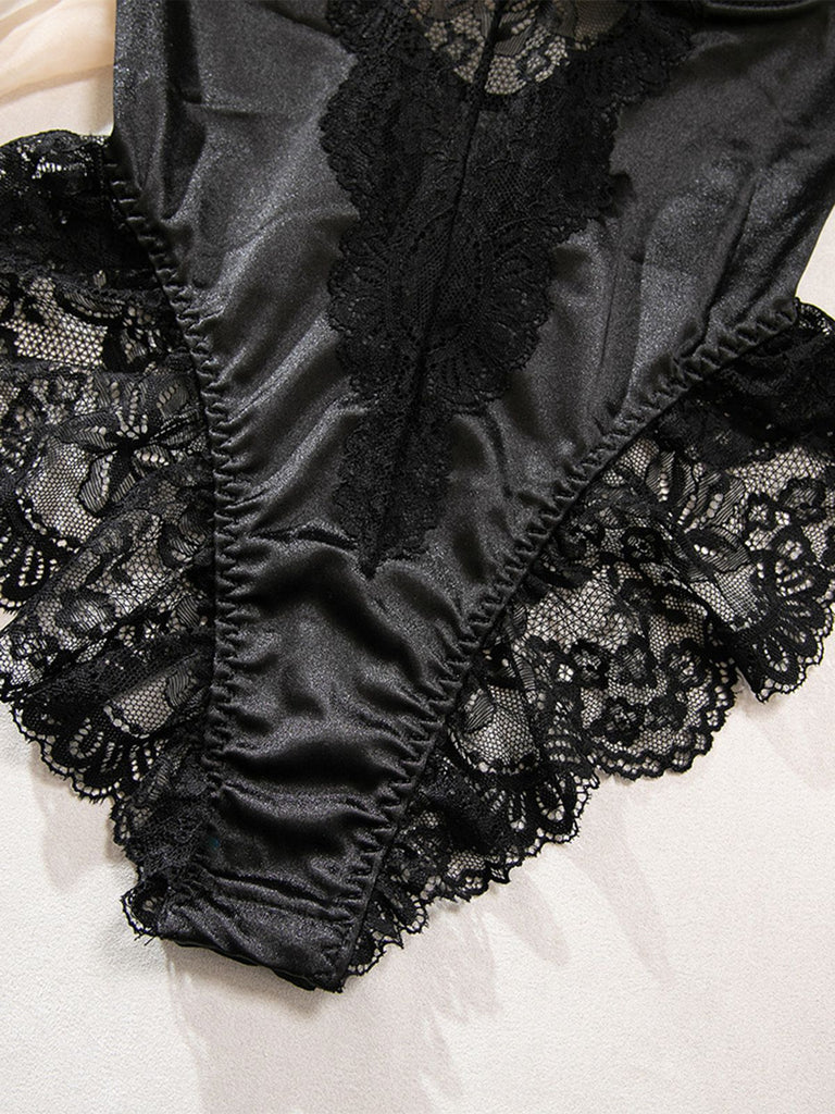 Nuisette noire en satin dentelle armatures bas assortis années 1980