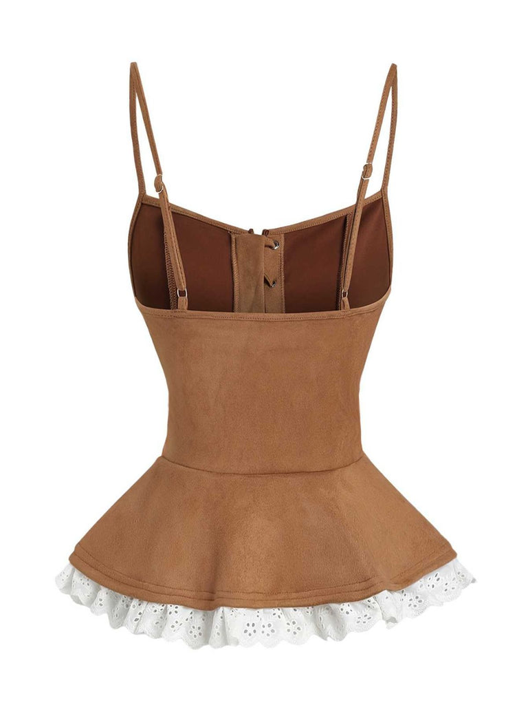 Haut corset en daim marron à lacets des années 1950