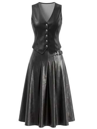 2PCS Gilet court noir PU à col V et jupe années 1970