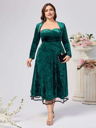 [Grande taille] 2PCS robe col en cœur et manteau en velours vert années 40