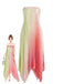 Robe longue rose et verte ombrée, plissée et sans bretelles à ourlet mouchoir années 1950