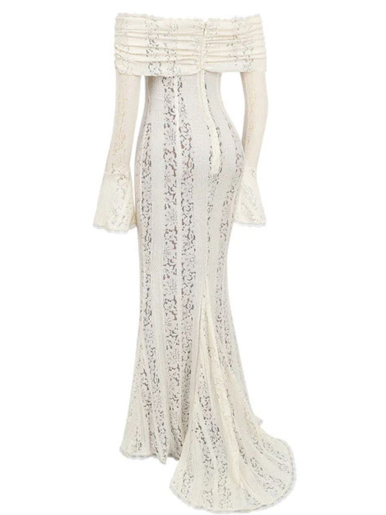 Robe sirène maxi en dentelle à épaules dénudées et manches évasées années 1930