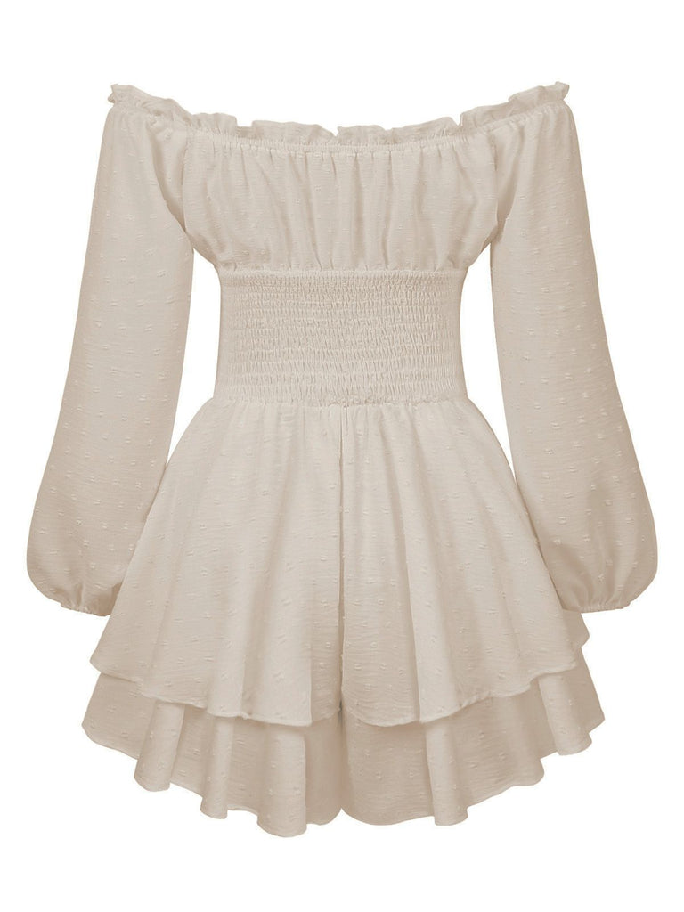 Robe courte unie épaules nues manches longues froncées 1950s