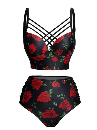 Ensemble bikini gothique roses noir à bretelles années 1980