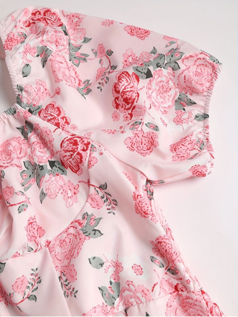 [Grande taille] Robe fleurie rose à col carré des années 1950