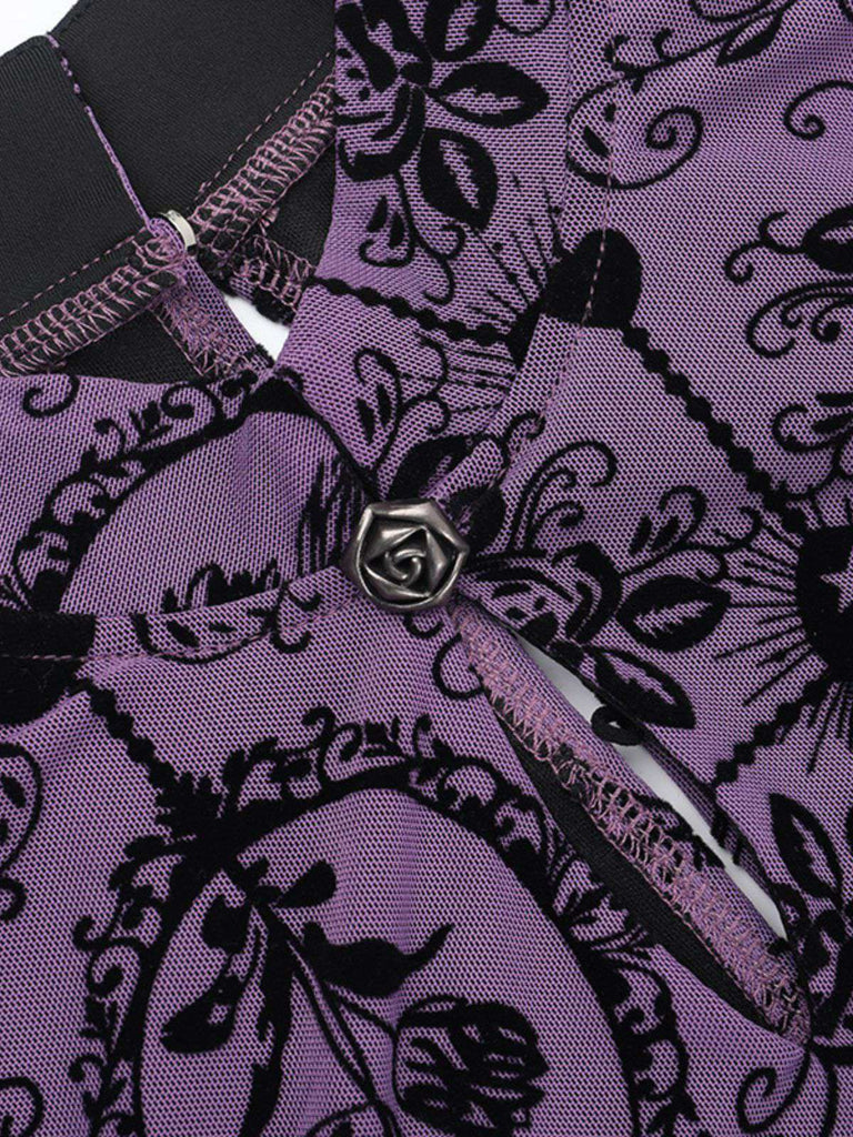 Robe néo-chinoise violette floquée de roses années 1930