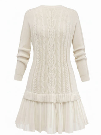 Robe pull plissée en maille torsadée beige unie des années 1940