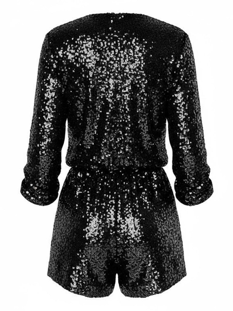 Combishort à manches longues et col en V à sequins années 1970
