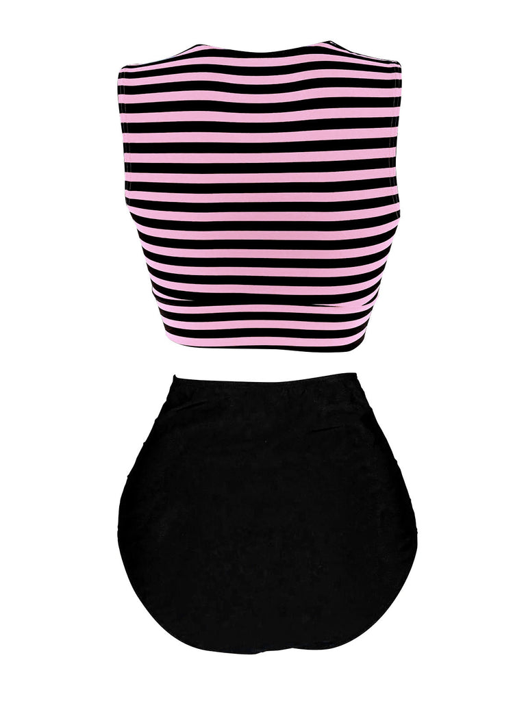 Maillot de bain à rayures à lacets bleu et rouge des années 1970