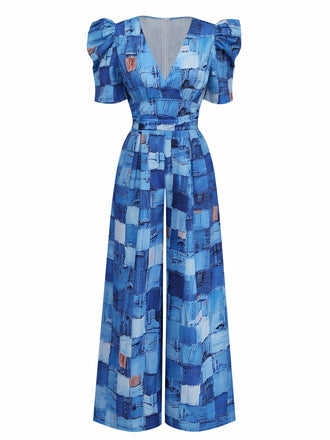Combinaison col V manches bouffantes bleue 1940s