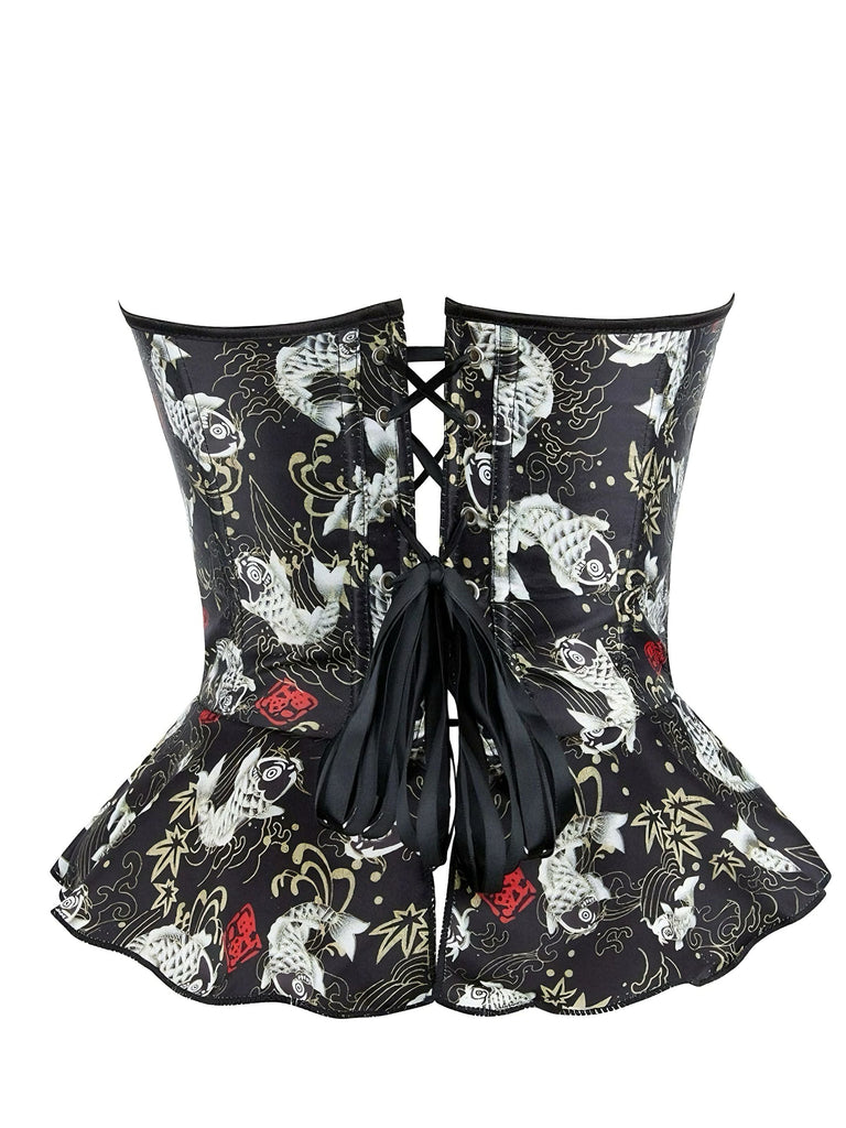 Corset noir à volants sans bretelles à imprimé poissons koï des années 1970