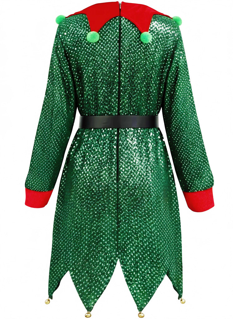 Ensemble de costume d'elfe de Noël à paillettes vertes des années 1950