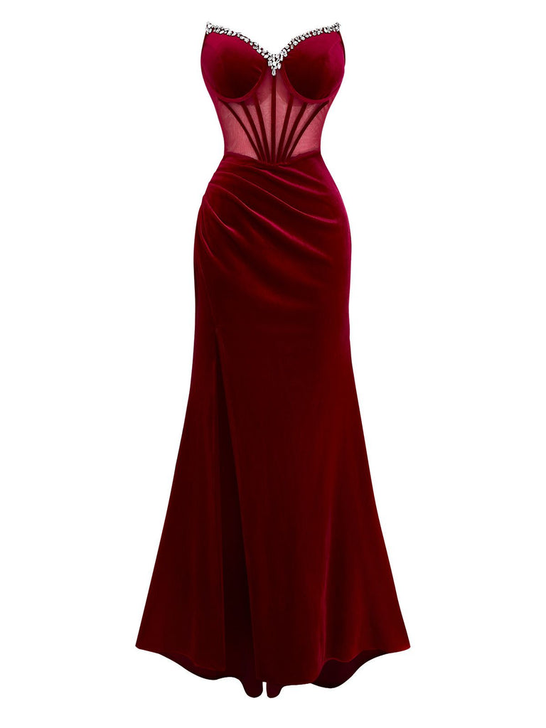 Robe bustier baleinée fendue en velours bordeaux des années 1980