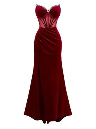 Robe bustier baleinée fendue en velours bordeaux des années 1980