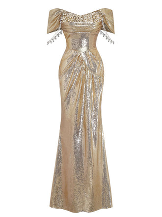 Robe de soirée dorée sequins épaules dénudées années 1980