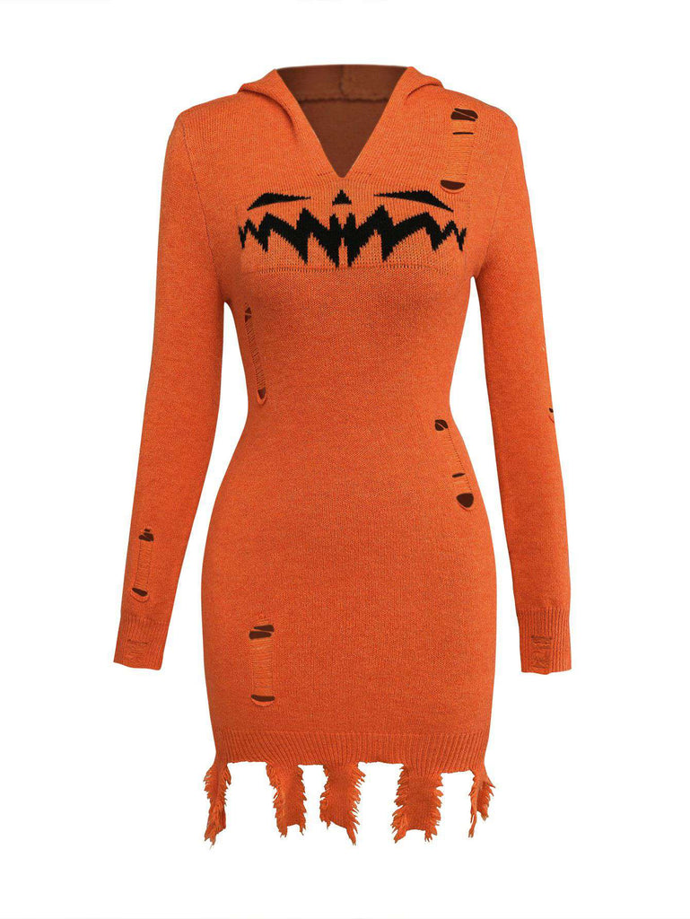 Robe à capuche orange en tricot effet citrouille vieillie Halloween des années 1970