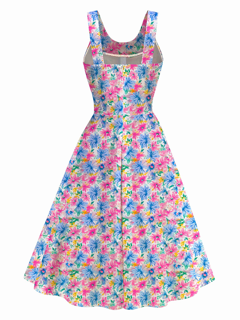 Robe trapèze multicolore à fleurs all-over années 1950