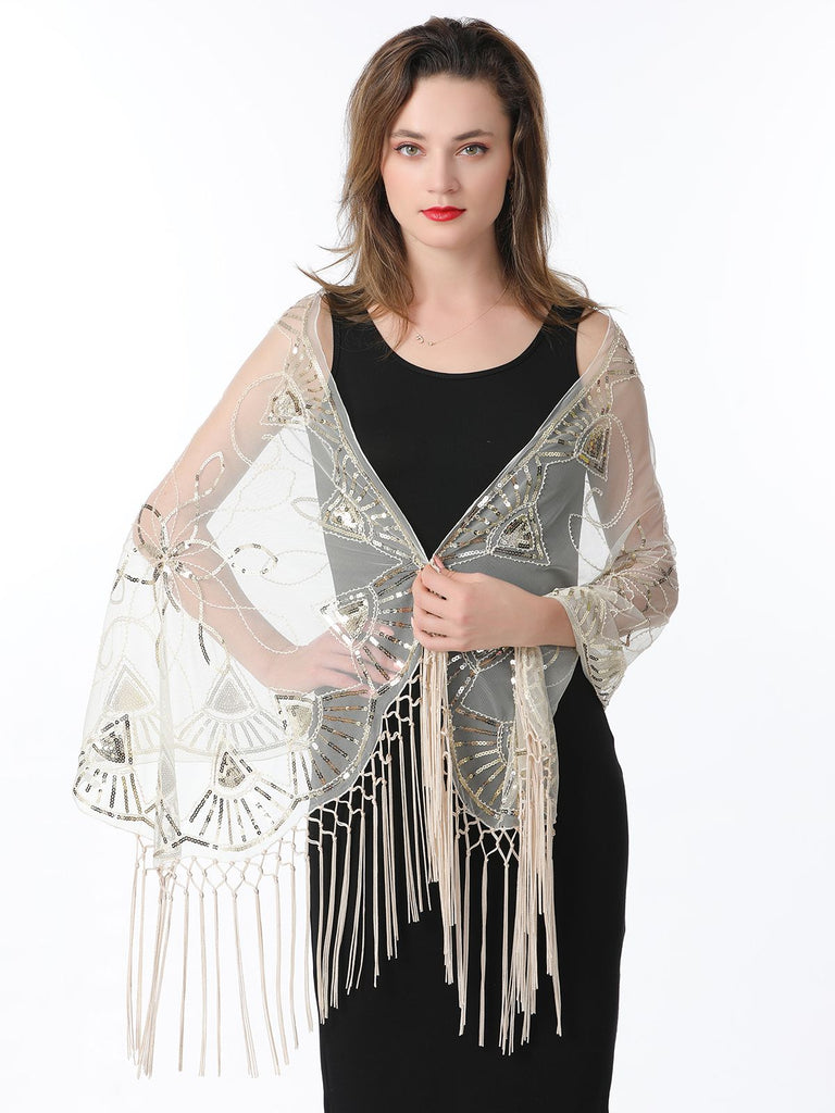 Cape en maille à paillettes et pompons des années 1920