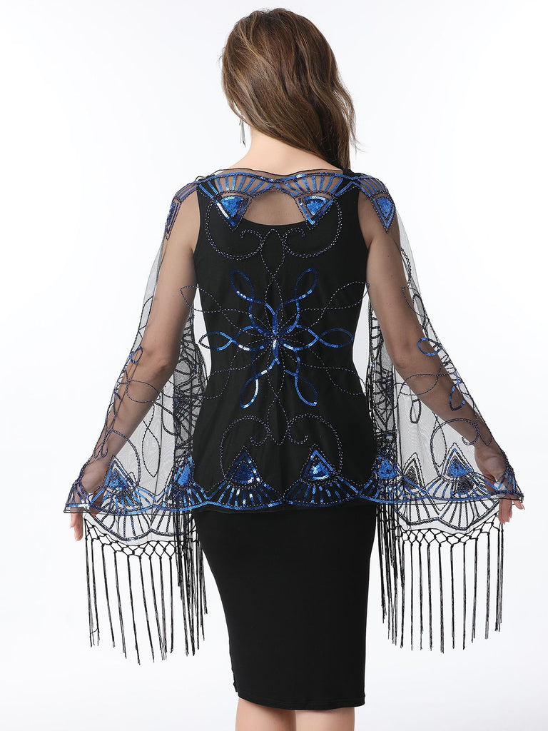 Cape en maille à paillettes et pompons des années 1920