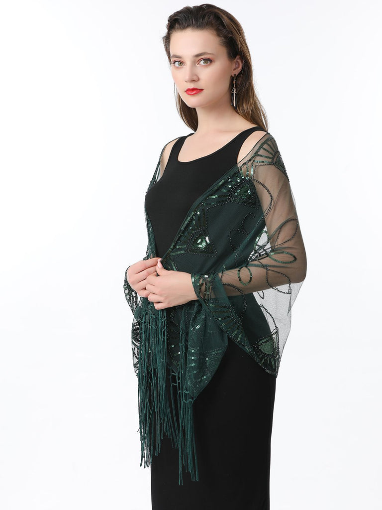 Cape en maille à paillettes et pompons des années 1920