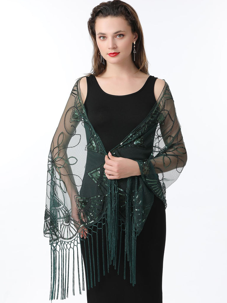 Cape en maille à paillettes et pompons des années 1920