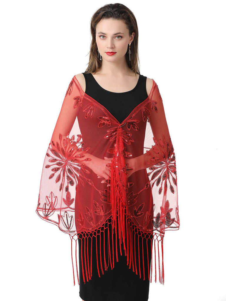 Cape en maille à paillettes et pompons des années 1920