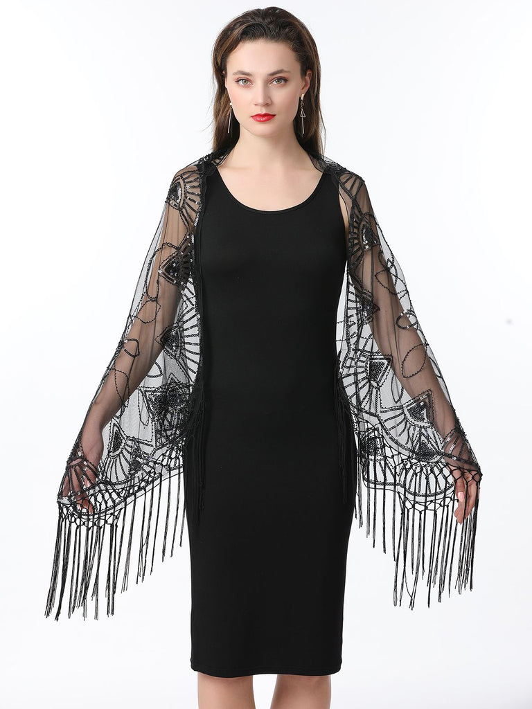 Cape en maille à paillettes et pompons des années 1920
