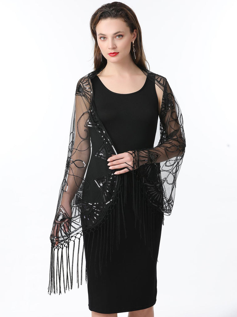 Cape en maille à paillettes et pompons des années 1920