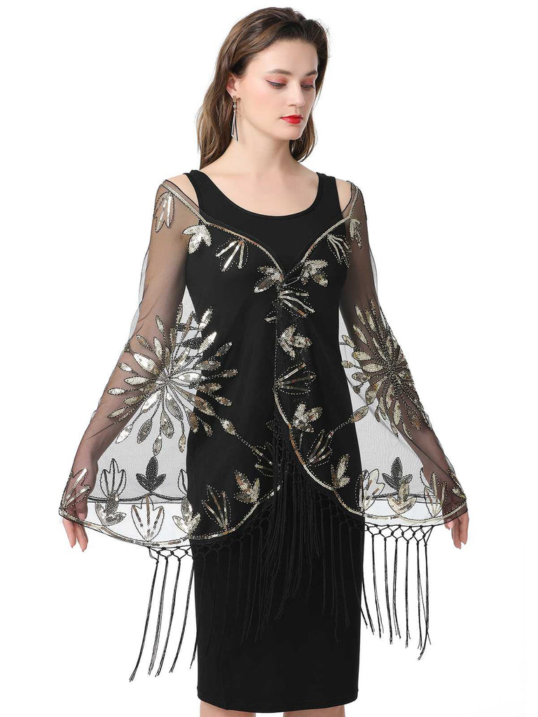 Cape en maille à paillettes et pompons des années 1920
