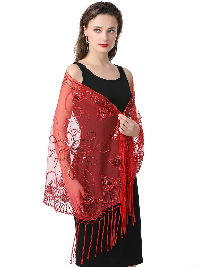 Cape en maille à paillettes et pompons des années 1920