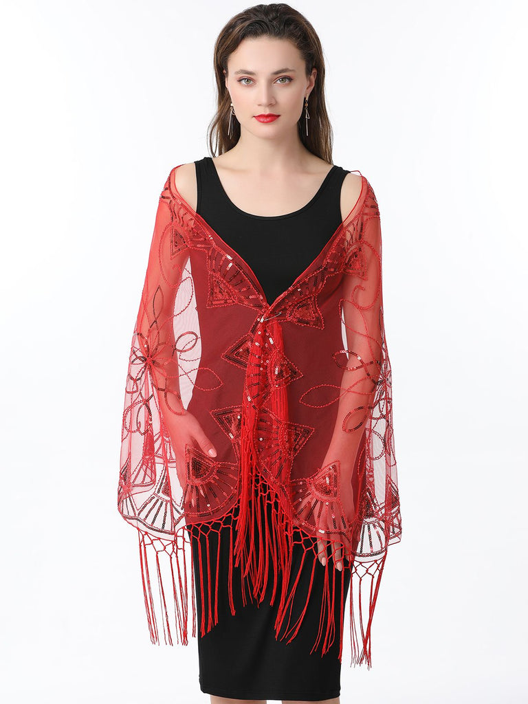 Cape en maille à paillettes et pompons des années 1920