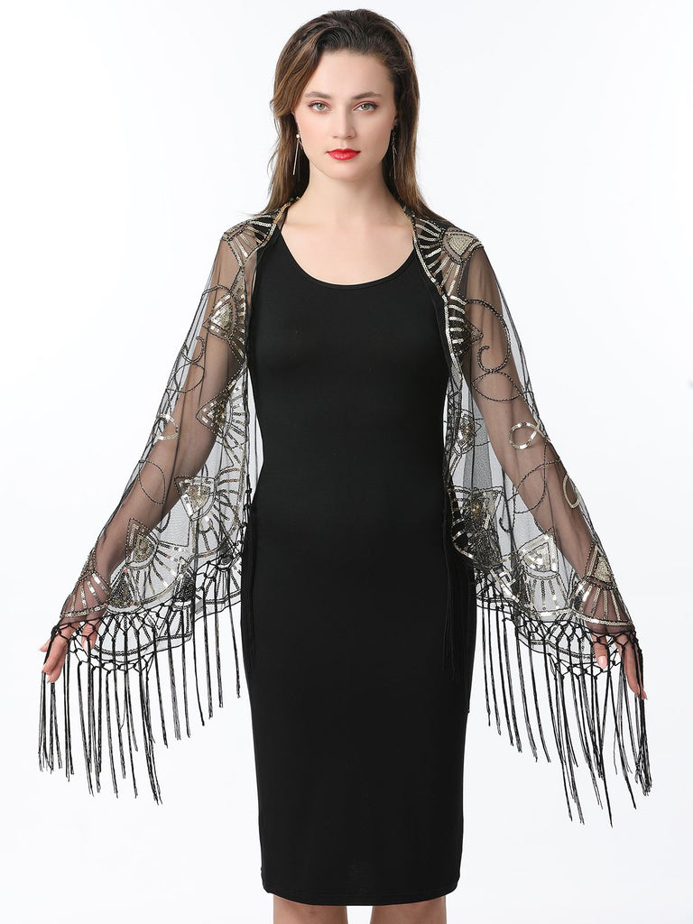 Cape en maille à paillettes et pompons des années 1920