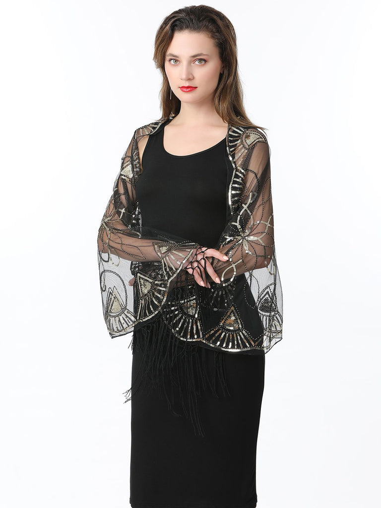 Cape en maille à paillettes et pompons des années 1920