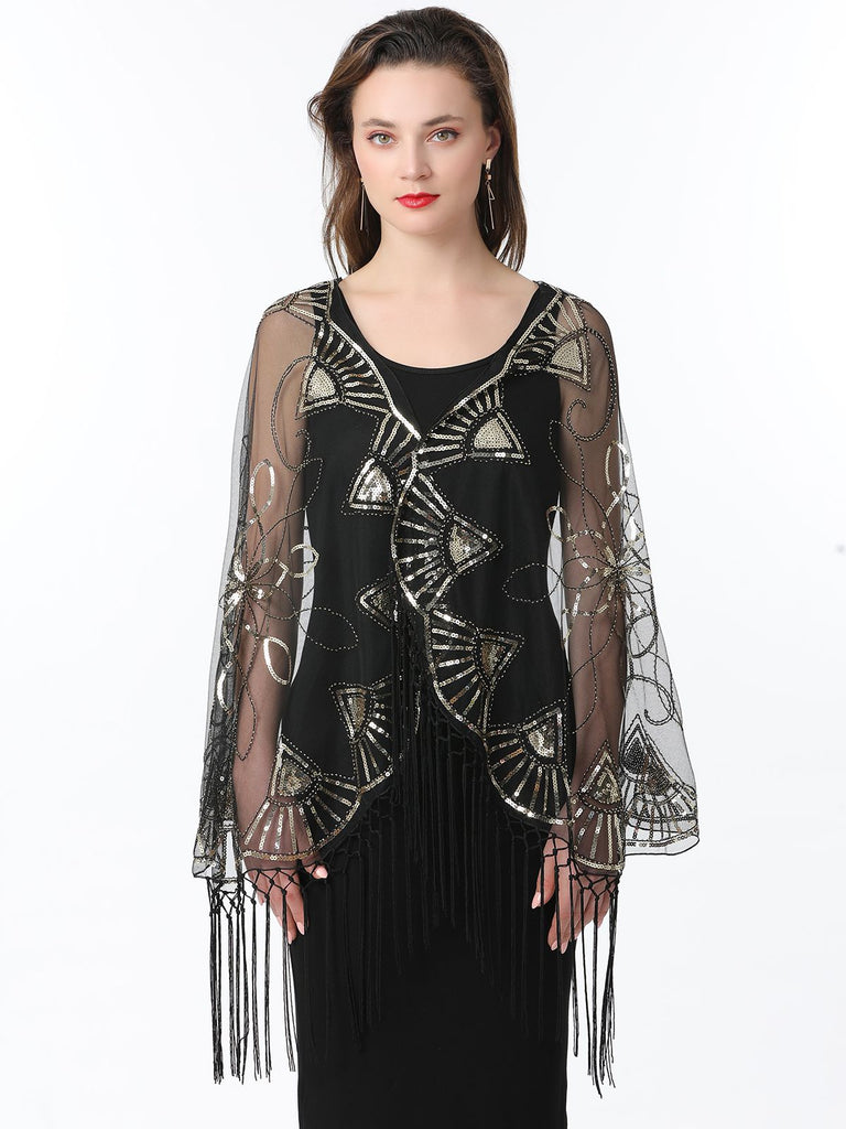 Cape en maille à paillettes et pompons des années 1920