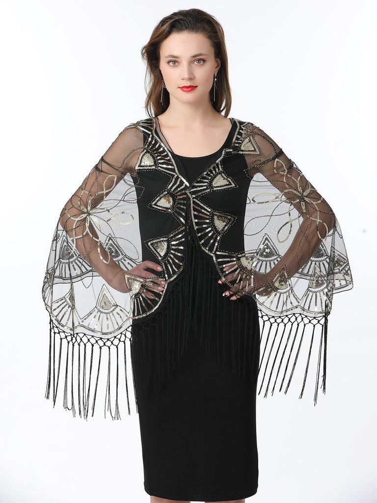 Cape en maille à paillettes et pompons des années 1920