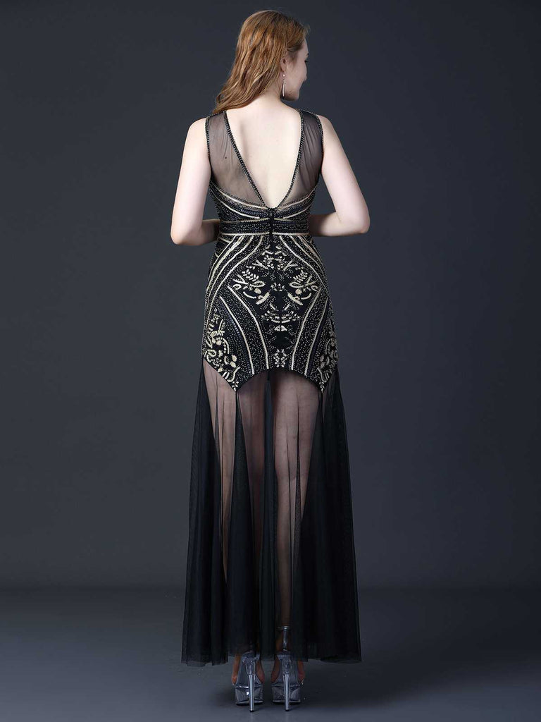 Robe de soirée noire à paillettes patchwrok en maille années 1920