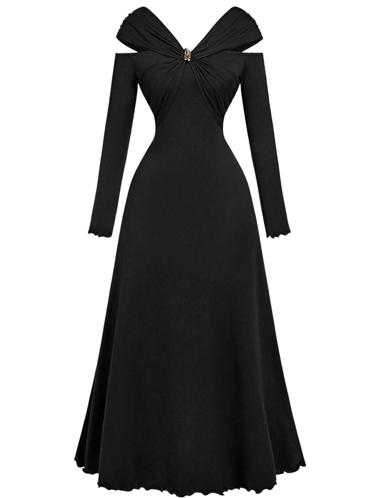 Robe plissée bordeaux épaules dénudées et manches longues années 1940