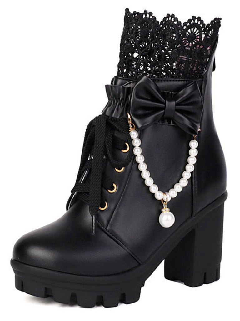 Bottes À Talons Épais Dentelle Perles Nœud Vintage