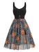 Robe trapèze noire sans manches imprimé visage ensoleillé années 1950