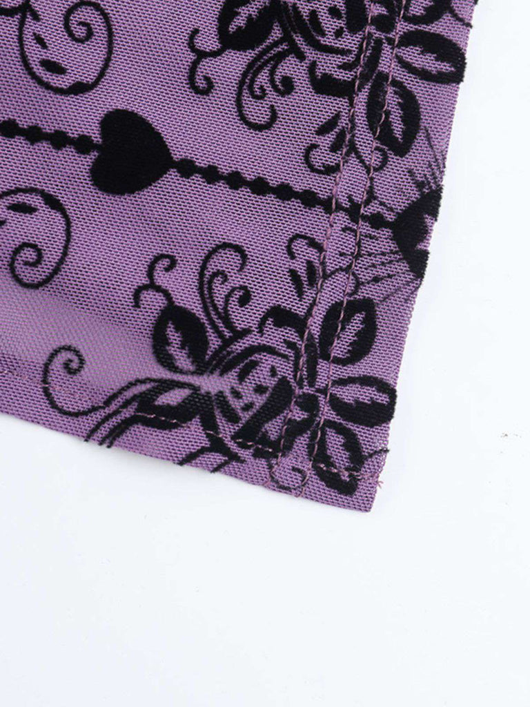 Robe néo-chinoise violette floquée de roses années 1930