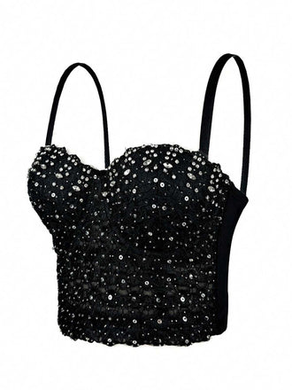 Haut corset à bretelles et strass scintillants des années 1980