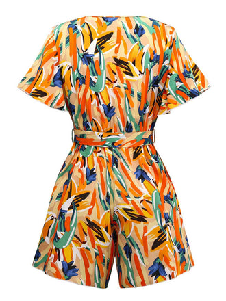 Combishort ceinturée multicolore col V et imprimé abstrait années 1980